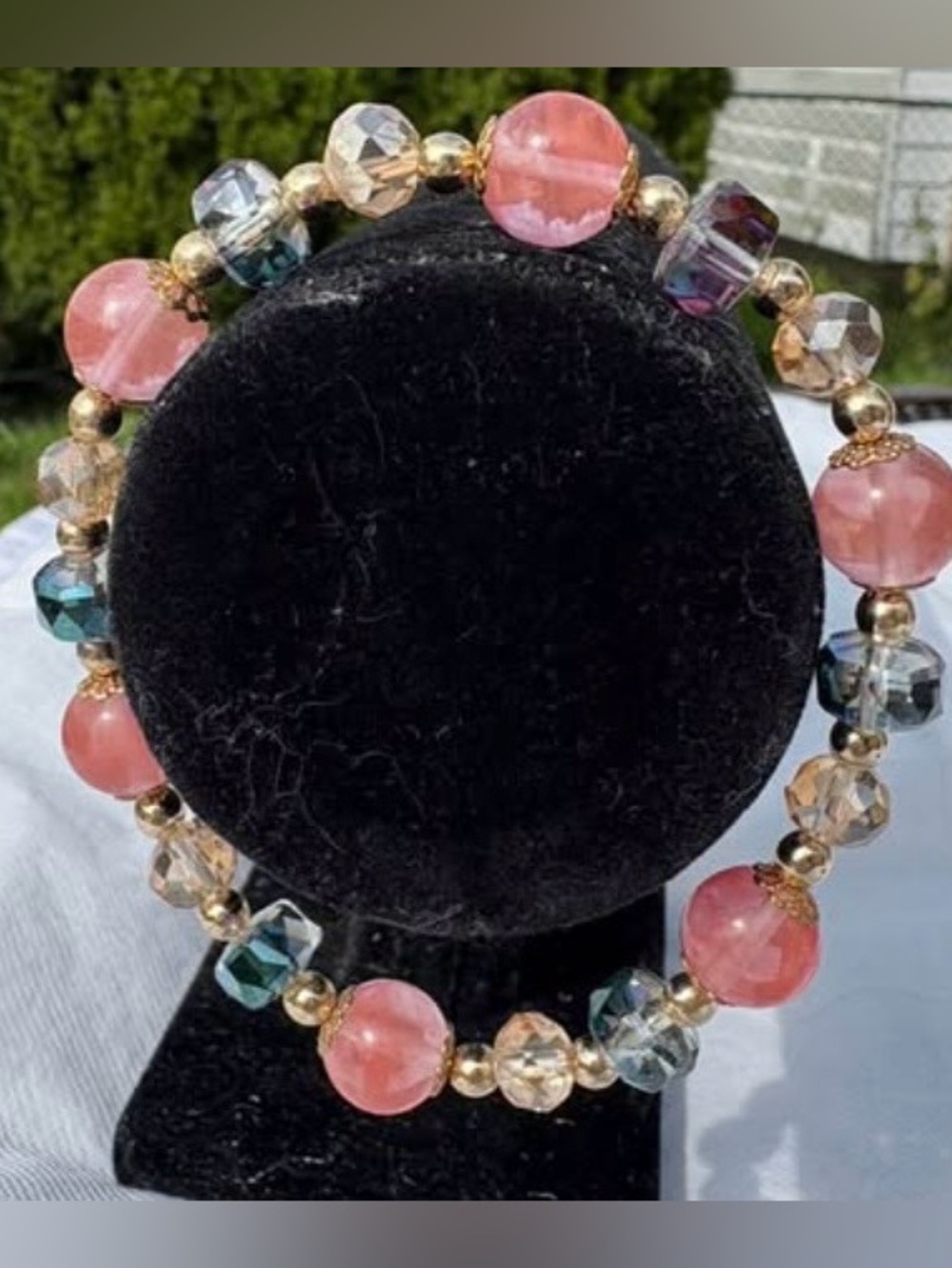 Elegant Pink Strawberry Crystal & Faceted Iridescent Glass Beaded Stretch Brace